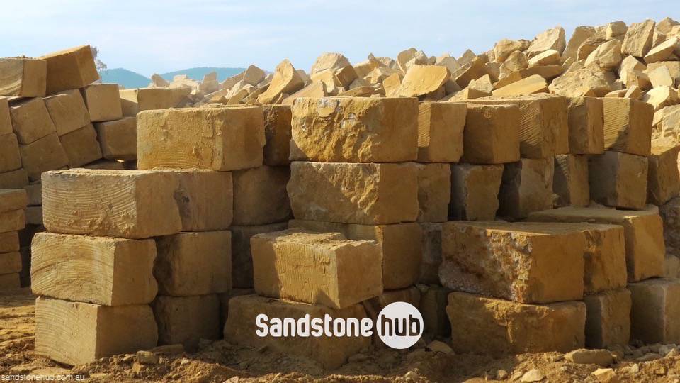 Sandstone Blocks and Logs in Quarry Yard Wheel Sawn 5 Sides Yellow in Colour
