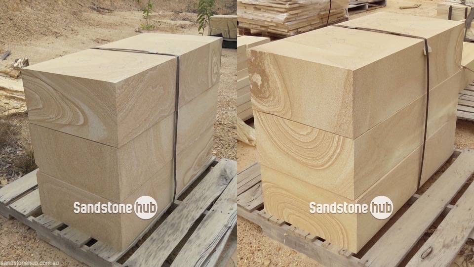 Sandstone Blocks Logs Diamond Cut on Pallet yellow and white stripe