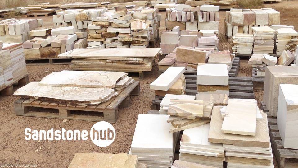 Sandstone Mixed Products Slabs Tiles Blocks Diamond Sawn on Pallets in Quarry Reserve