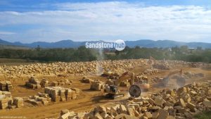 Sandstone Quarry in Production Mode Cutting of Blocks and Logs