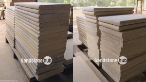 Sandstone Capping Various Sizes with Bullnosed Edge Stacked on Pallet Mixed Colours
